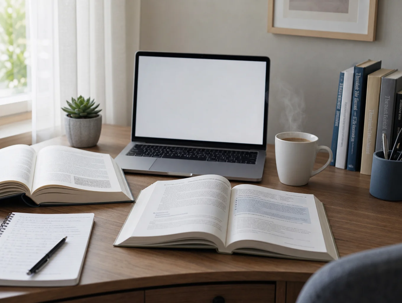 A tidy wooden desk with a laptop by a window in a quiet British study
